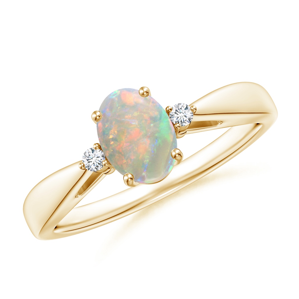 7x5mm AAAA Tapered Shank Opal Solitaire Ring with Diamond Accents in Yellow Gold