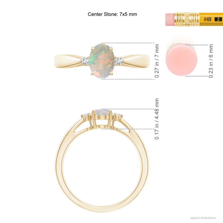 7x5mm AAAA Tapered Shank Opal Solitaire Ring with Diamond Accents in Yellow Gold ruler
