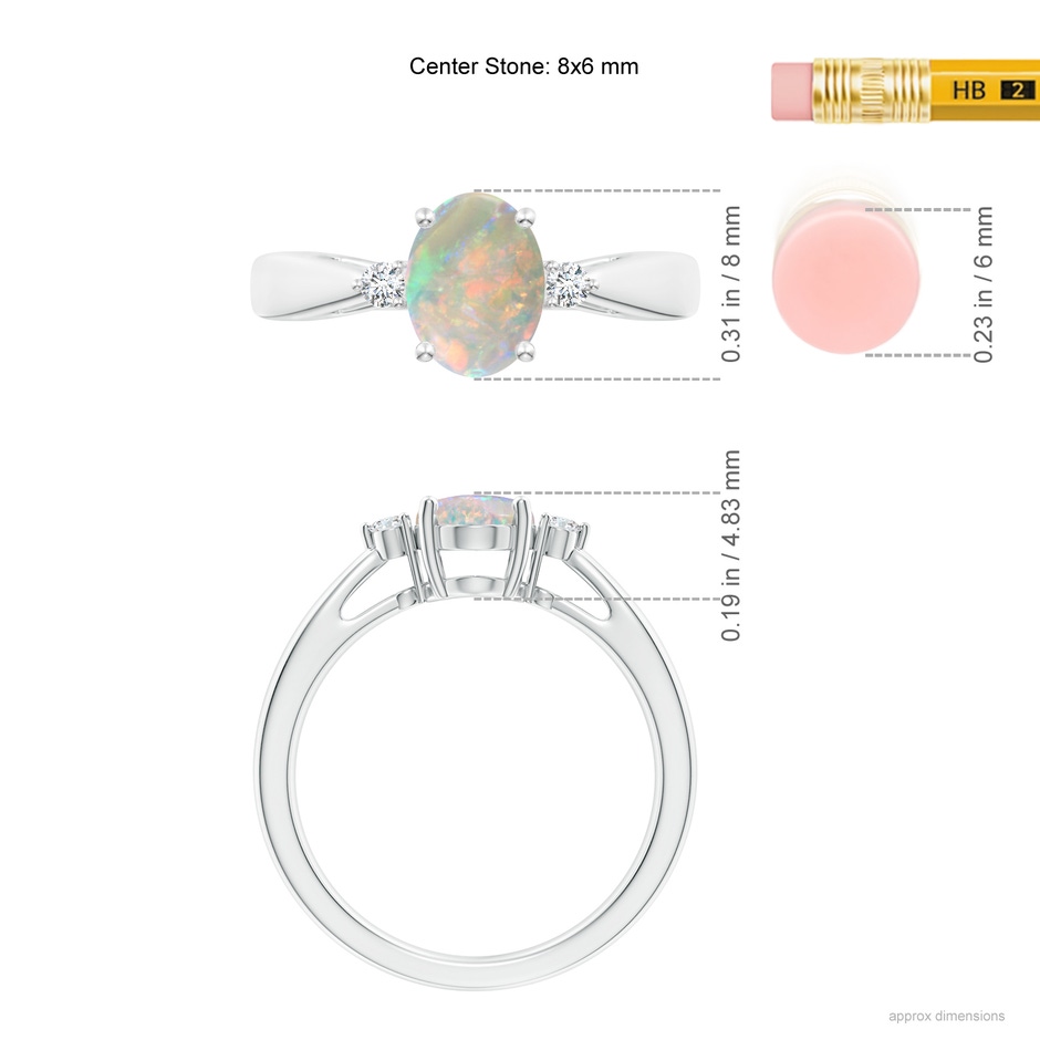 8x6mm AAAA Tapered Shank Opal Solitaire Ring with Diamond Accents in White Gold ruler