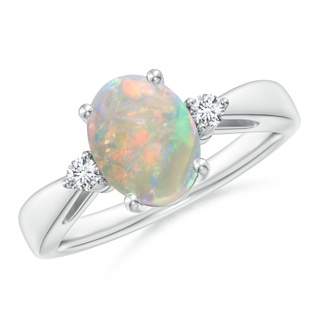9x7mm AAAA Tapered Shank Opal Solitaire Ring with Diamond Accents in 9K White Gold