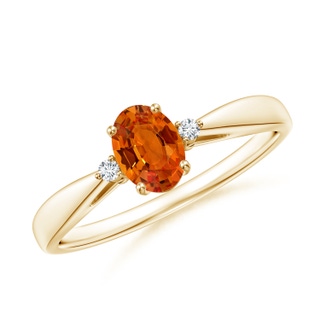 6x4mm AAAA Tapered Shank Orange Sapphire Solitaire Ring with Diamonds in Yellow Gold
