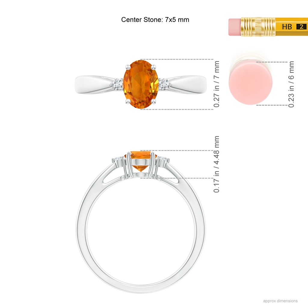 7x5mm AAA Tapered Shank Orange Sapphire Solitaire Ring with Diamonds in White Gold Ruler