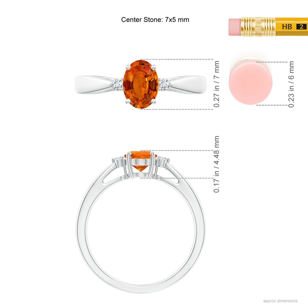 7x5mm AAAA Tapered Shank Orange Sapphire Solitaire Ring with Diamonds in White Gold Ruler