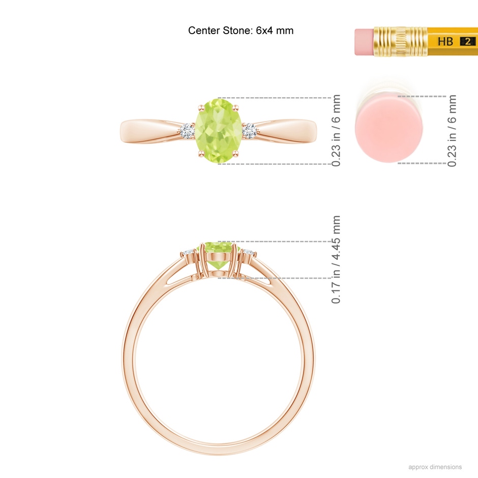 6x4mm A Tapered Shank Peridot Solitaire Ring with Diamond Accents in Rose Gold ruler