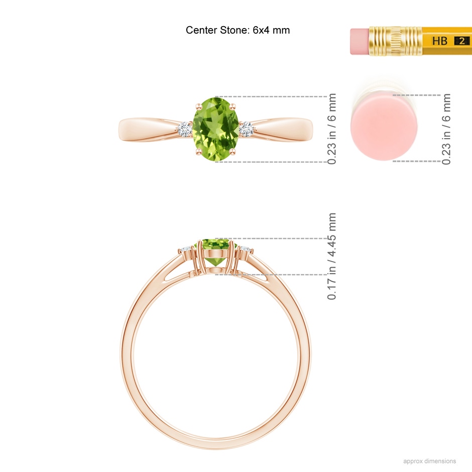 6x4mm AAA Tapered Shank Peridot Solitaire Ring with Diamond Accents in Rose Gold ruler