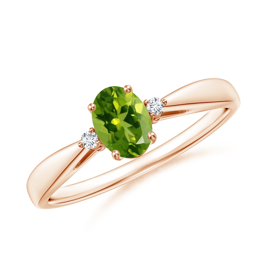 6x4mm AAAA Tapered Shank Peridot Solitaire Ring with Diamond Accents in Rose Gold
