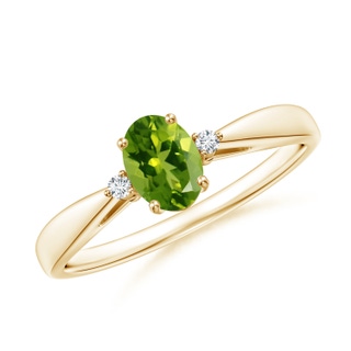 6x4mm AAAA Tapered Shank Peridot Solitaire Ring with Diamond Accents in Yellow Gold