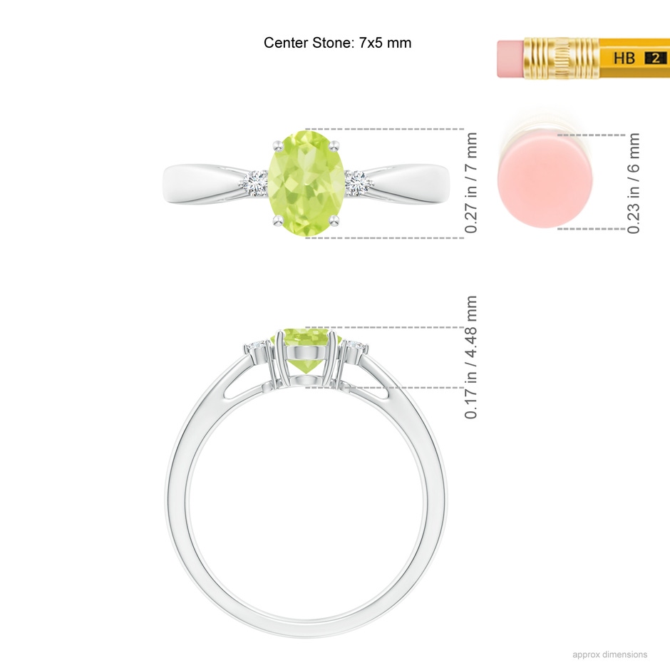 7x5mm A Tapered Shank Peridot Solitaire Ring with Diamond Accents in P950 Platinum ruler