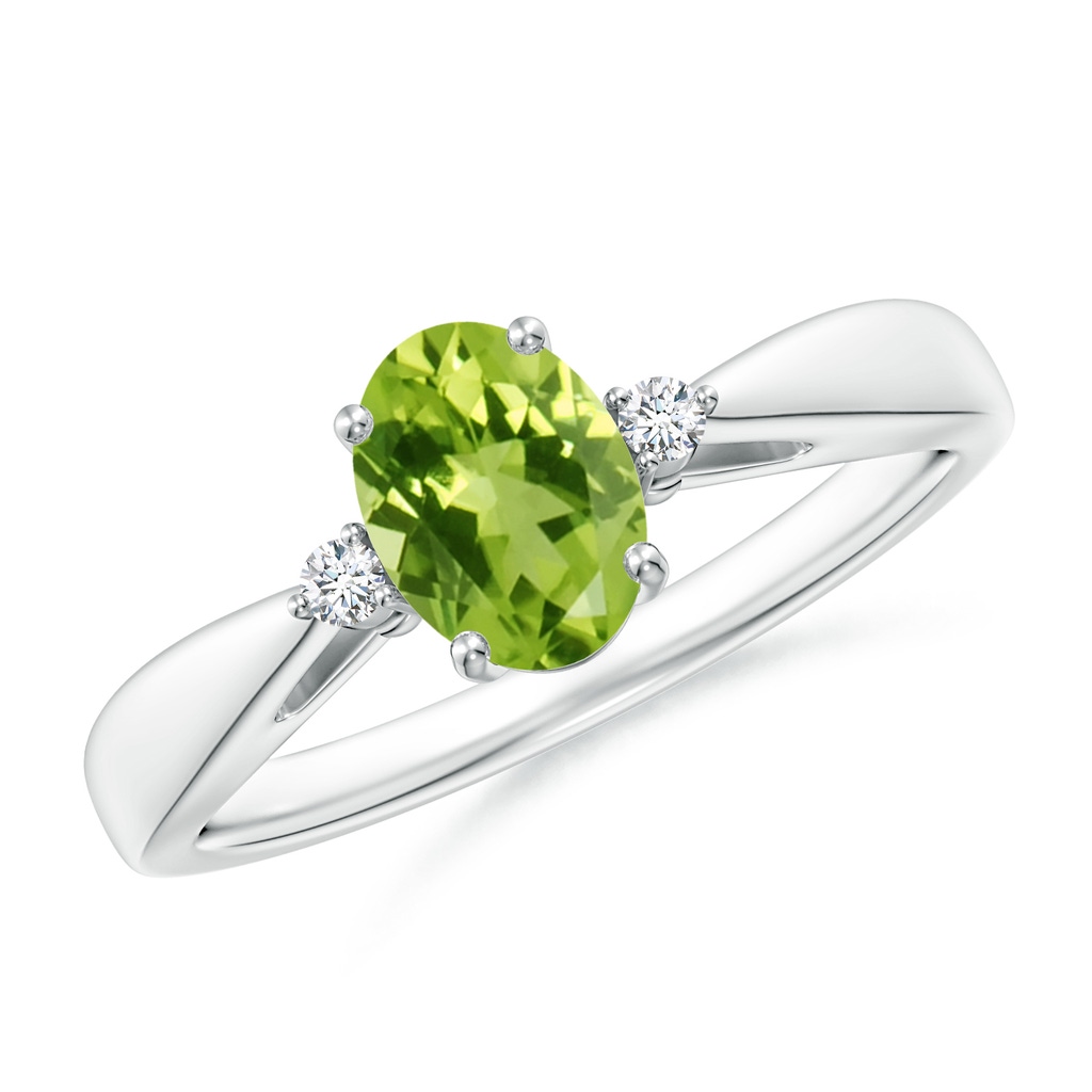 7x5mm AAA Tapered Shank Peridot Solitaire Ring with Diamond Accents in White Gold