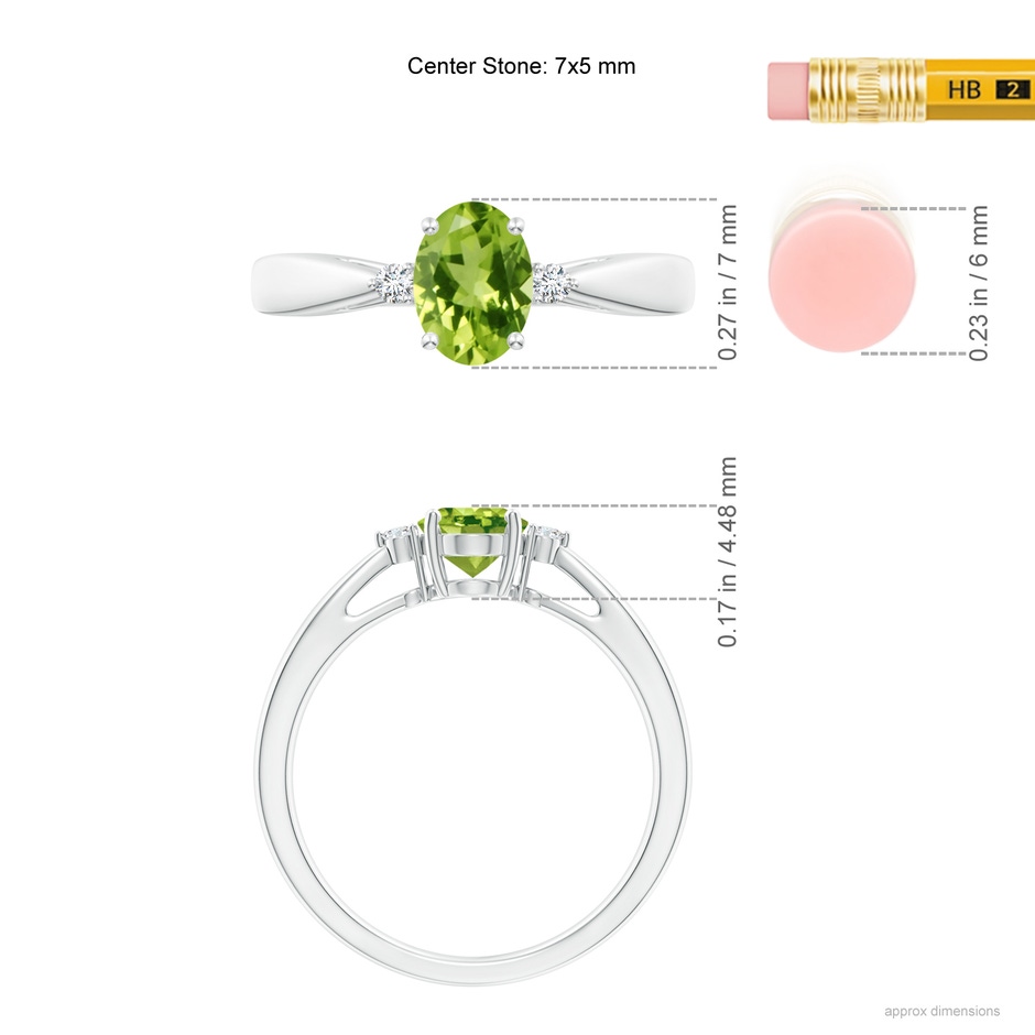 7x5mm AAA Tapered Shank Peridot Solitaire Ring with Diamond Accents in White Gold ruler