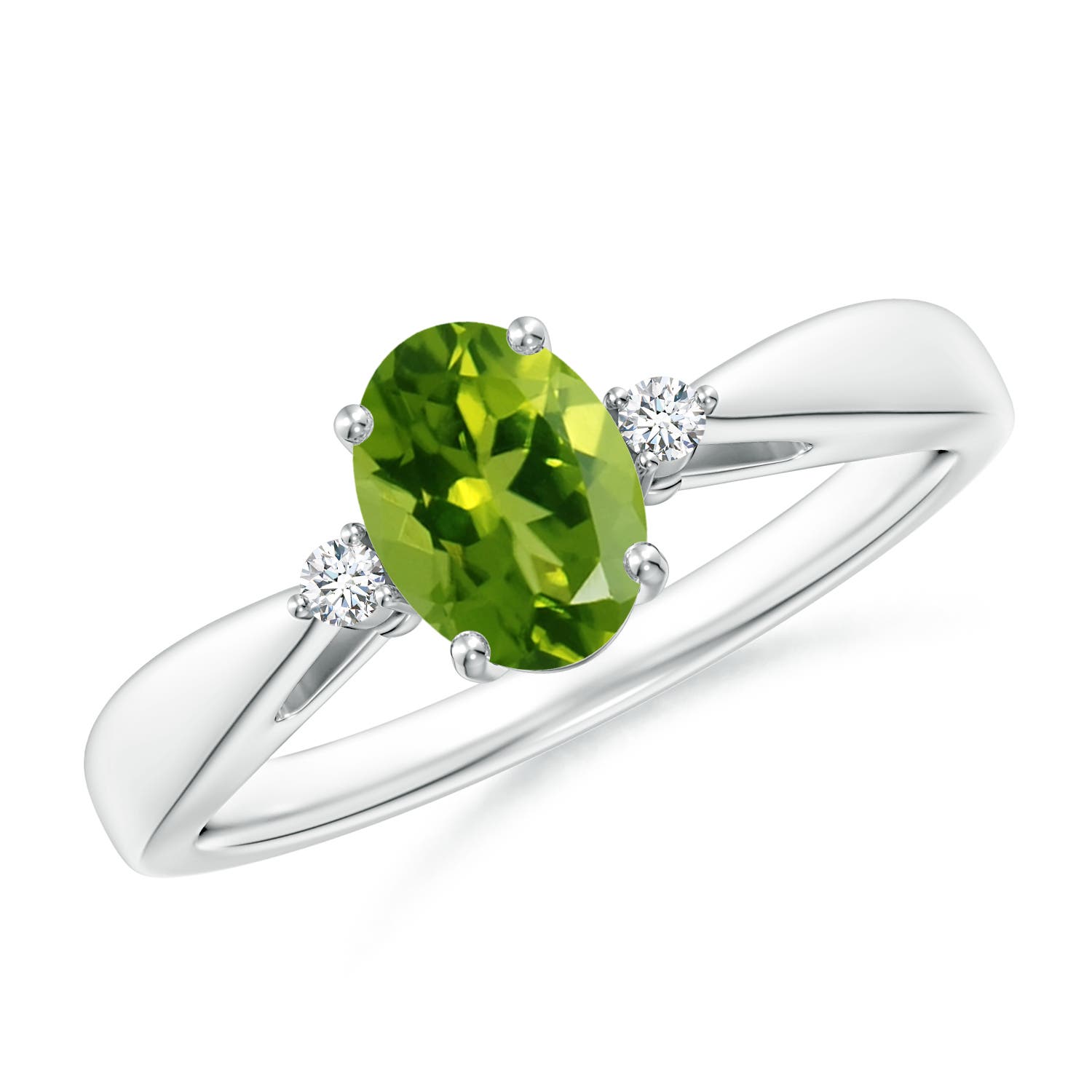 7x5mm AAAA Tapered Shank Peridot Solitaire Ring with Diamond Accents in P950 Platinum