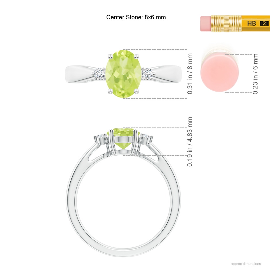 8x6mm A Tapered Shank Peridot Solitaire Ring with Diamond Accents in P950 Platinum ruler