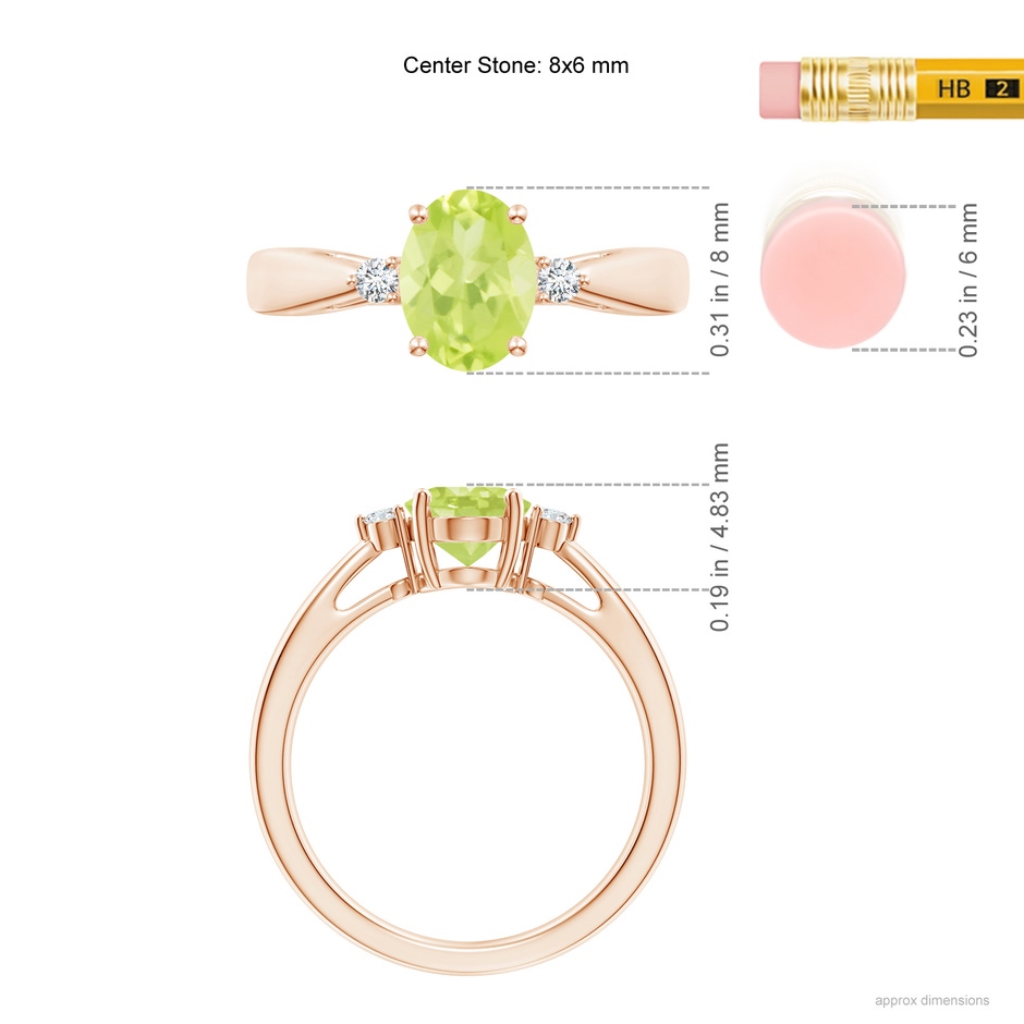 8x6mm A Tapered Shank Peridot Solitaire Ring with Diamond Accents in Rose Gold ruler