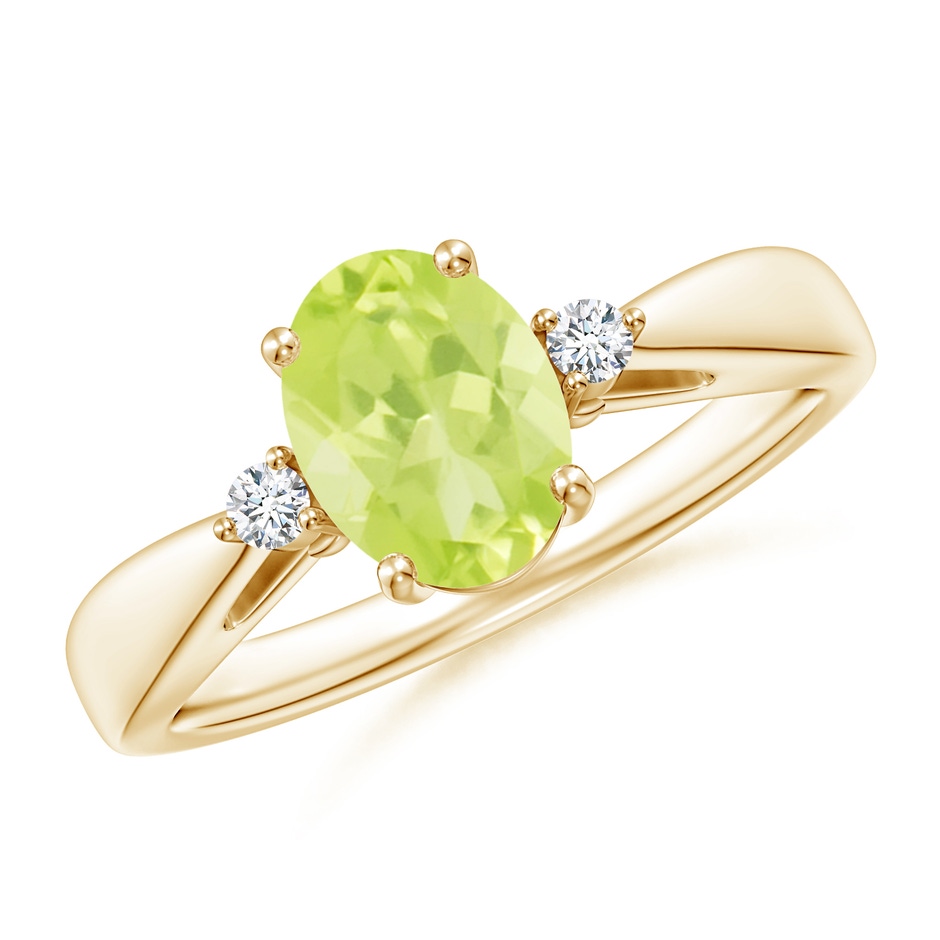 8x6mm A Tapered Shank Peridot Solitaire Ring with Diamond Accents in Yellow Gold 