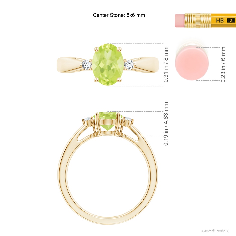 8x6mm A Tapered Shank Peridot Solitaire Ring with Diamond Accents in Yellow Gold ruler