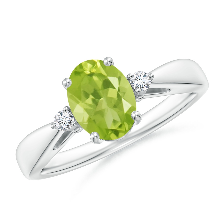 8x6mm AA Tapered Shank Peridot Solitaire Ring with Diamond Accents in White Gold 