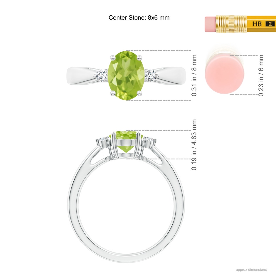 8x6mm AA Tapered Shank Peridot Solitaire Ring with Diamond Accents in White Gold ruler