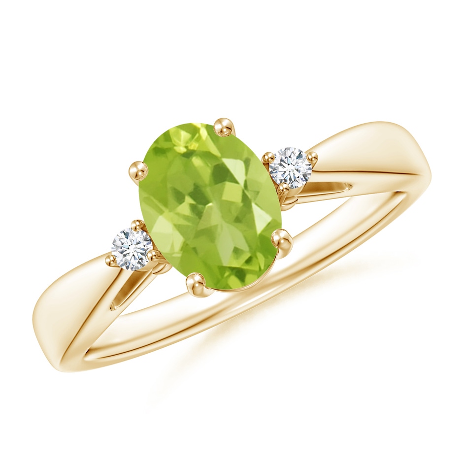 8x6mm AA Tapered Shank Peridot Solitaire Ring with Diamond Accents in Yellow Gold 
