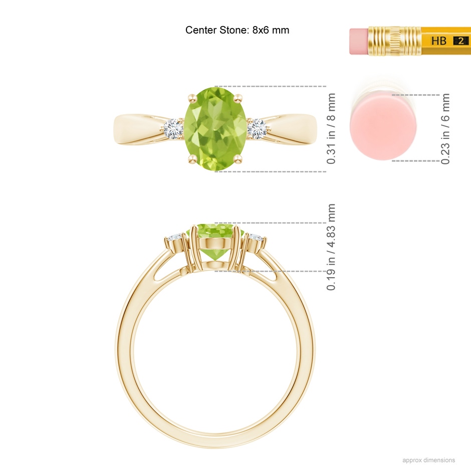 8x6mm AA Tapered Shank Peridot Solitaire Ring with Diamond Accents in Yellow Gold ruler