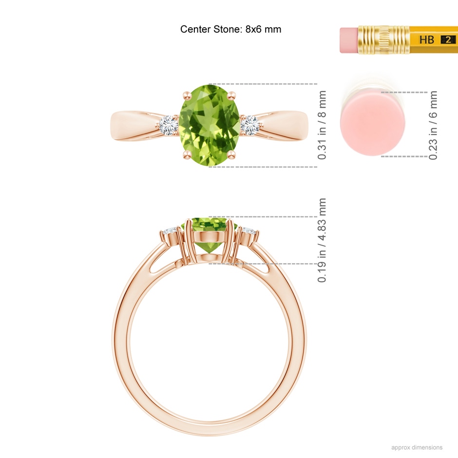 8x6mm AAA Tapered Shank Peridot Solitaire Ring with Diamond Accents in Rose Gold ruler