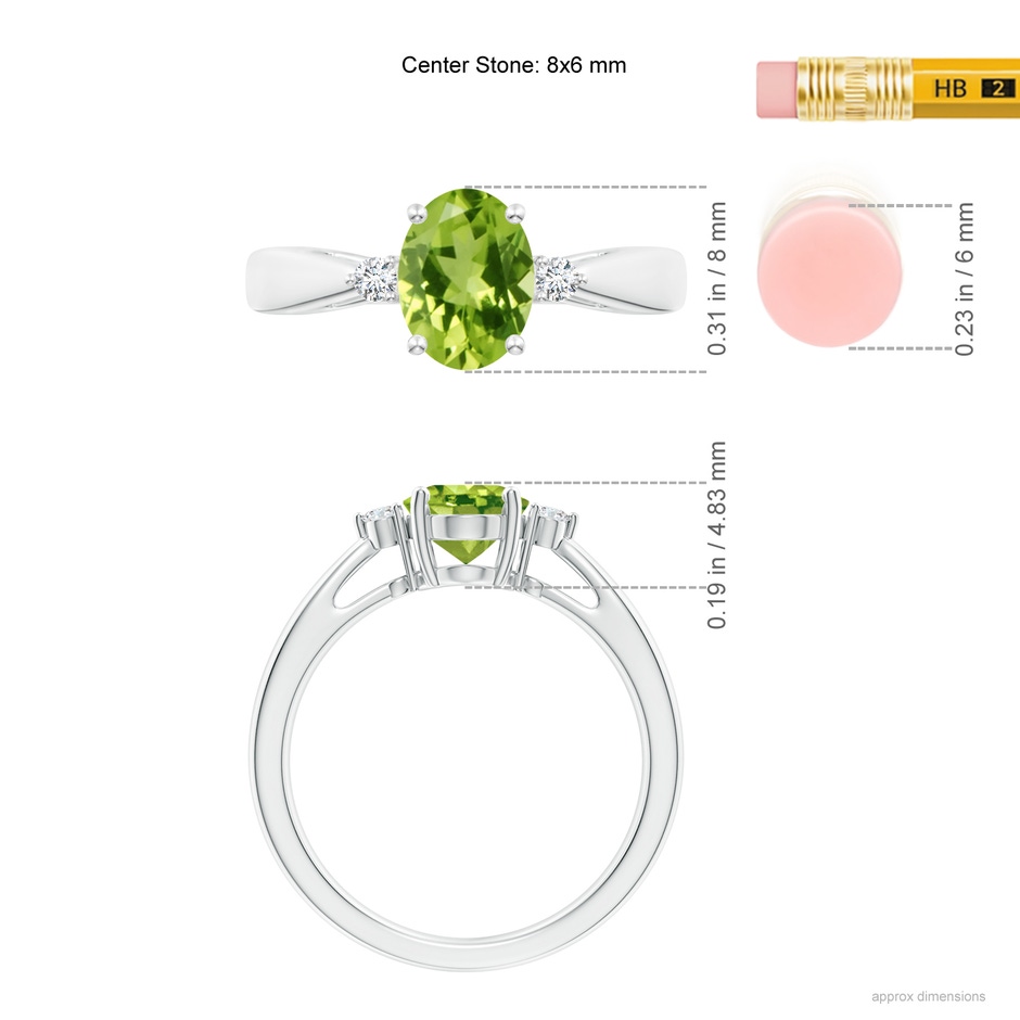 8x6mm AAA Tapered Shank Peridot Solitaire Ring with Diamond Accents in White Gold ruler
