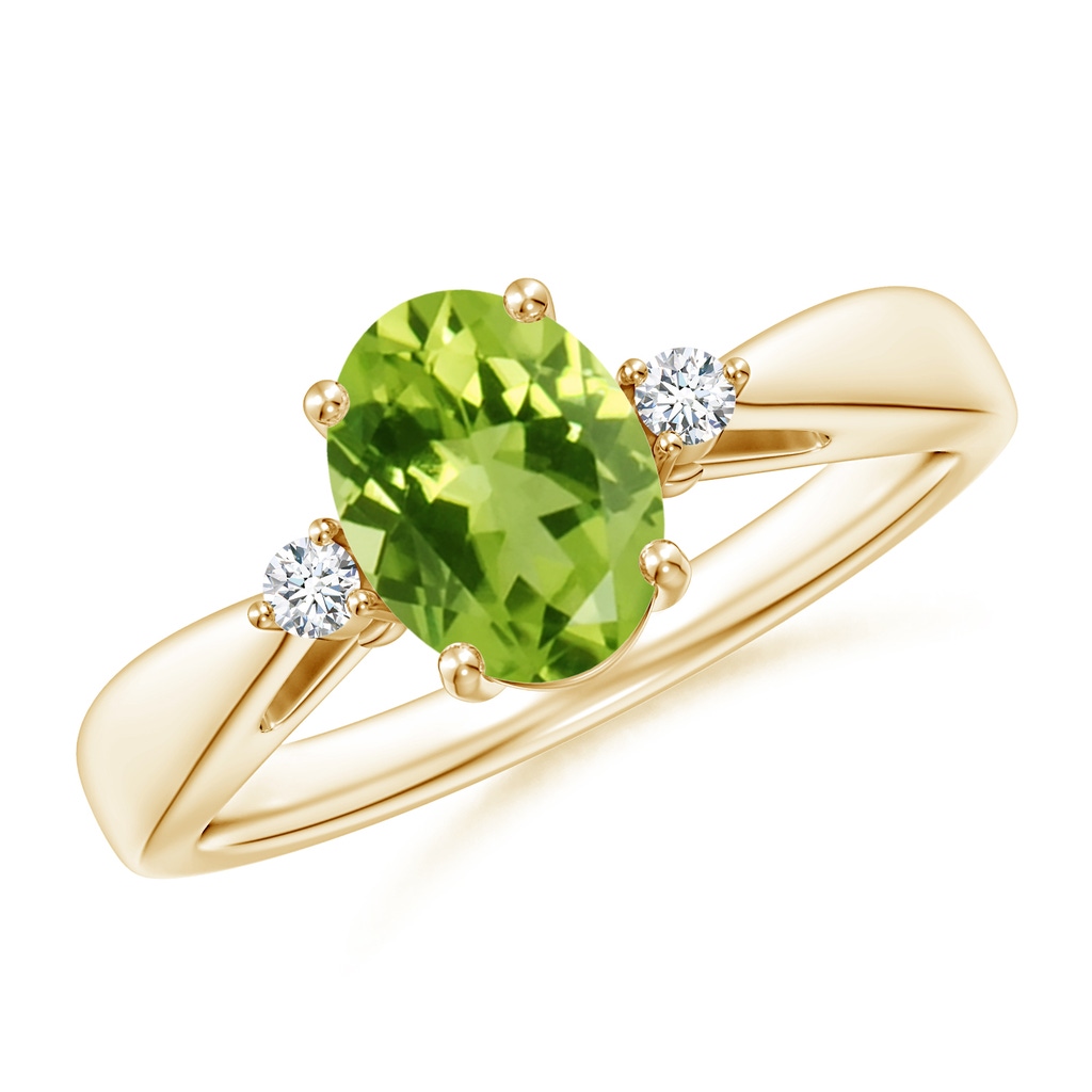 8x6mm AAA Tapered Shank Peridot Solitaire Ring with Diamond Accents in Yellow Gold