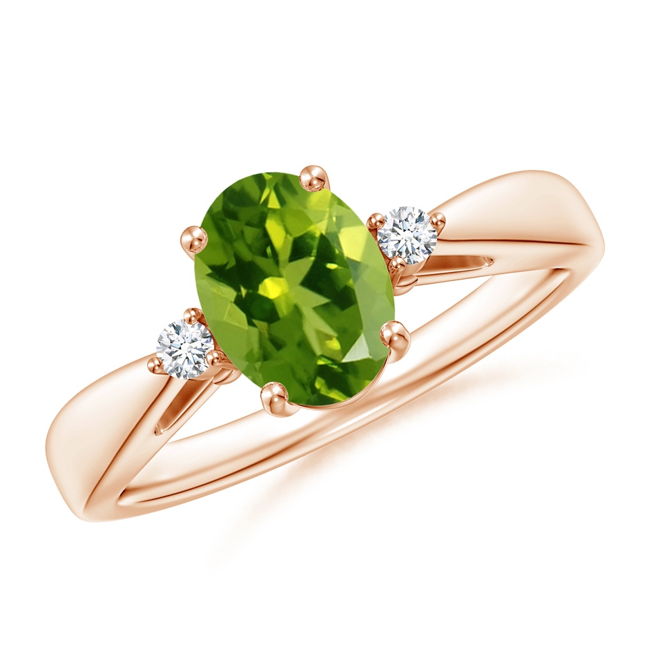 8x6mm AAAA Tapered Shank Peridot Solitaire Ring with Diamond Accents in Rose Gold 