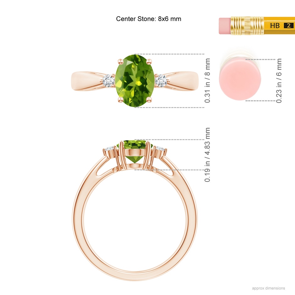 8x6mm AAAA Tapered Shank Peridot Solitaire Ring with Diamond Accents in Rose Gold ruler