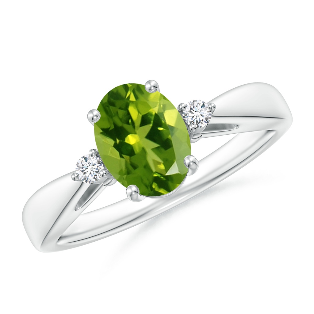 8x6mm AAAA Tapered Shank Peridot Solitaire Ring with Diamond Accents in White Gold