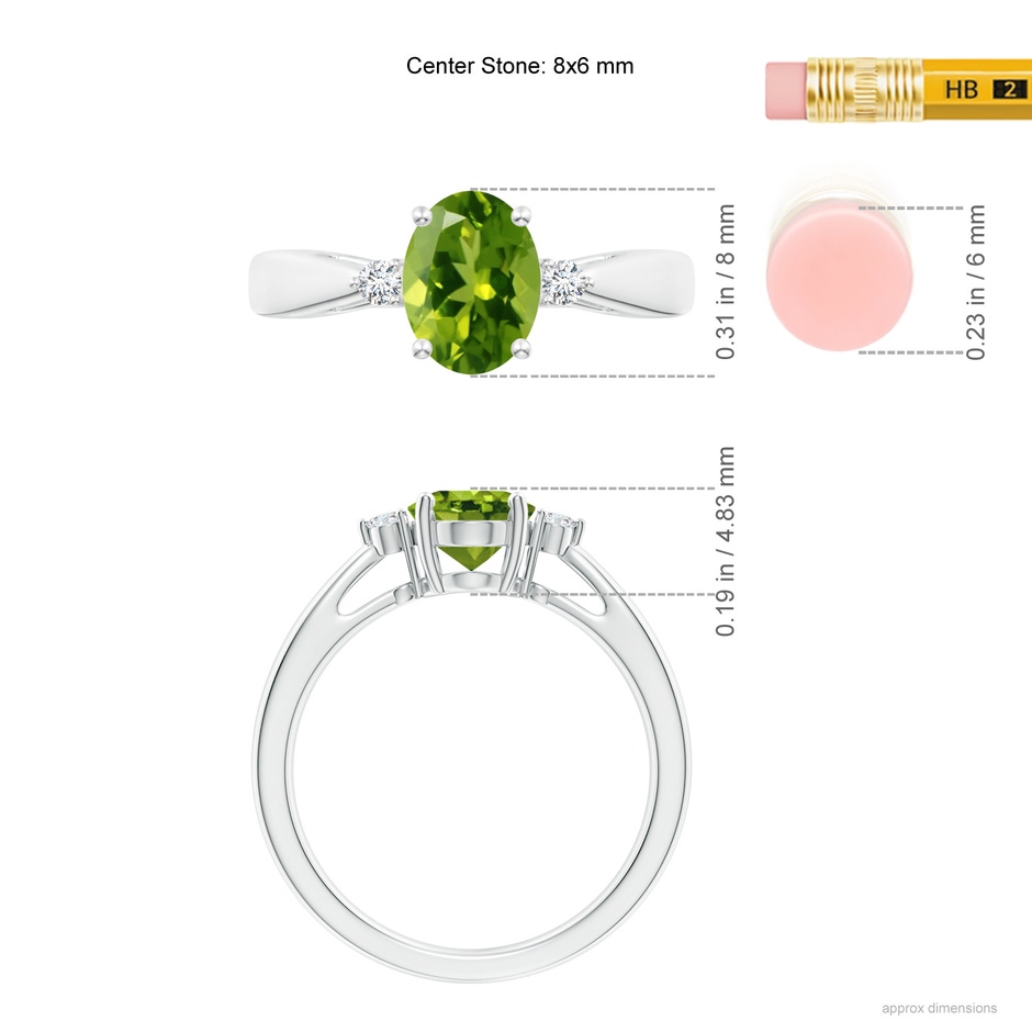 8x6mm AAAA Tapered Shank Peridot Solitaire Ring with Diamond Accents in White Gold ruler