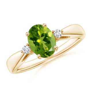 8x6mm AAAA Tapered Shank Peridot Solitaire Ring with Diamond Accents in Yellow Gold