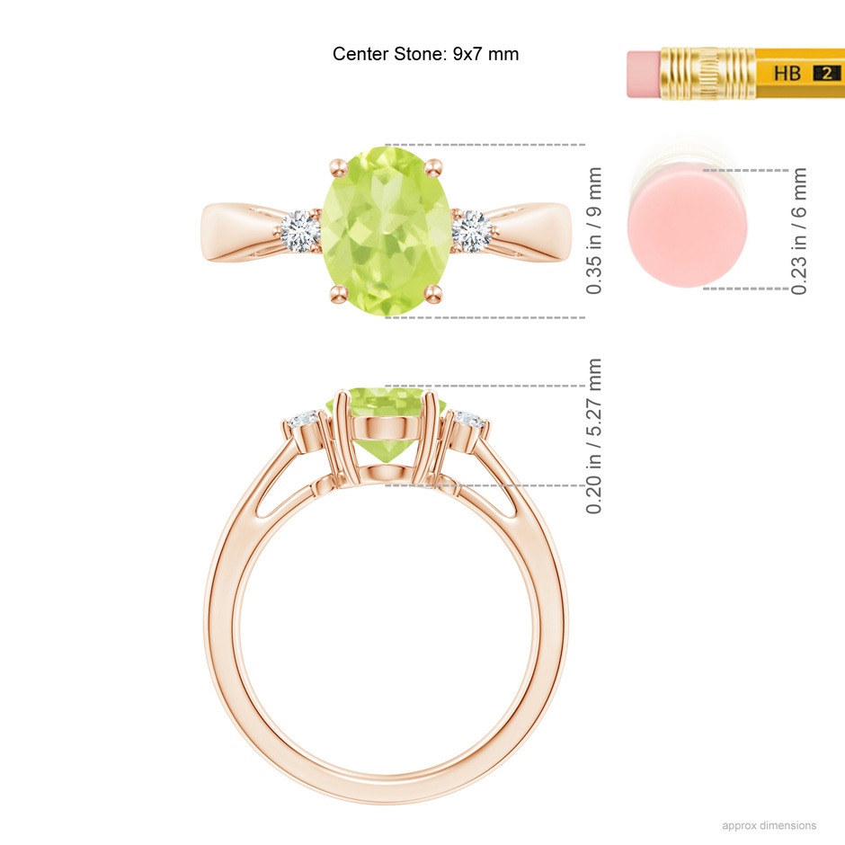 9x7mm A Tapered Shank Peridot Solitaire Ring with Diamond Accents in Rose Gold ruler