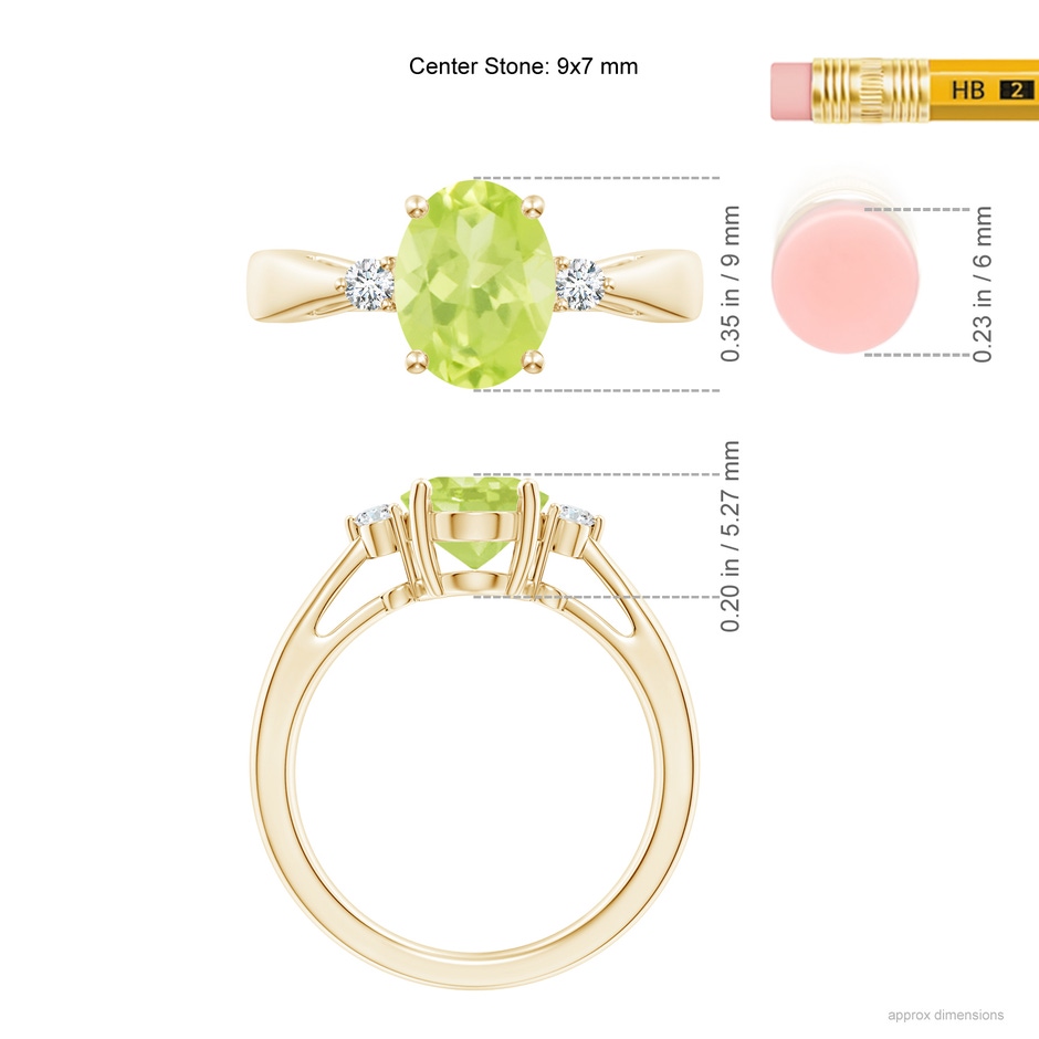9x7mm A Tapered Shank Peridot Solitaire Ring with Diamond Accents in Yellow Gold ruler
