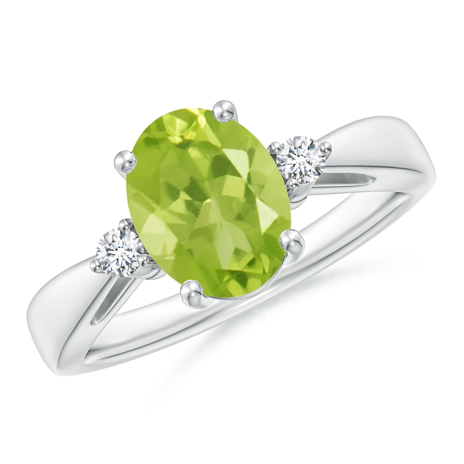 9x7mm AA Tapered Shank Peridot Solitaire Ring with Diamond Accents in P950 Platinum