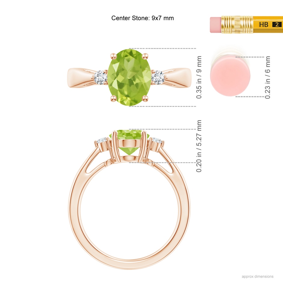 9x7mm AA Tapered Shank Peridot Solitaire Ring with Diamond Accents in Rose Gold ruler