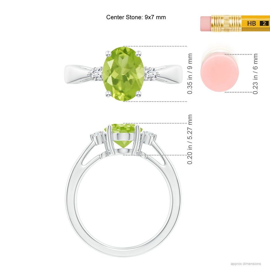 9x7mm AA Tapered Shank Peridot Solitaire Ring with Diamond Accents in White Gold ruler