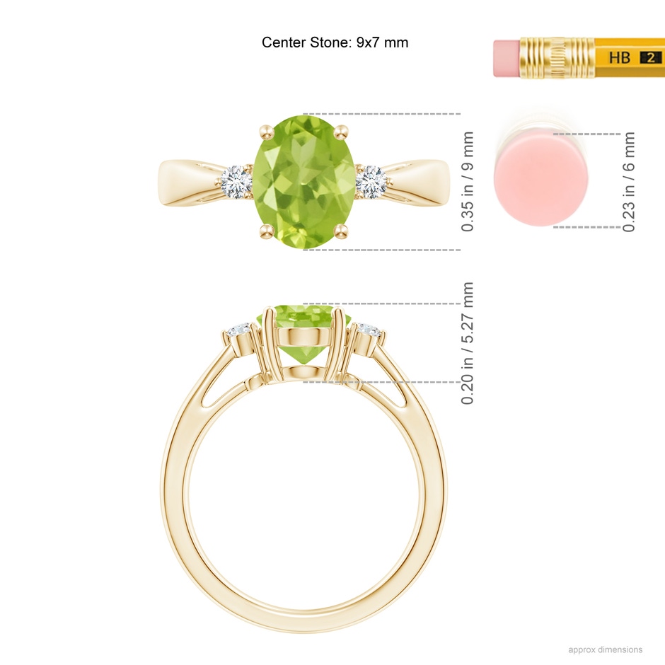9x7mm AA Tapered Shank Peridot Solitaire Ring with Diamond Accents in Yellow Gold ruler