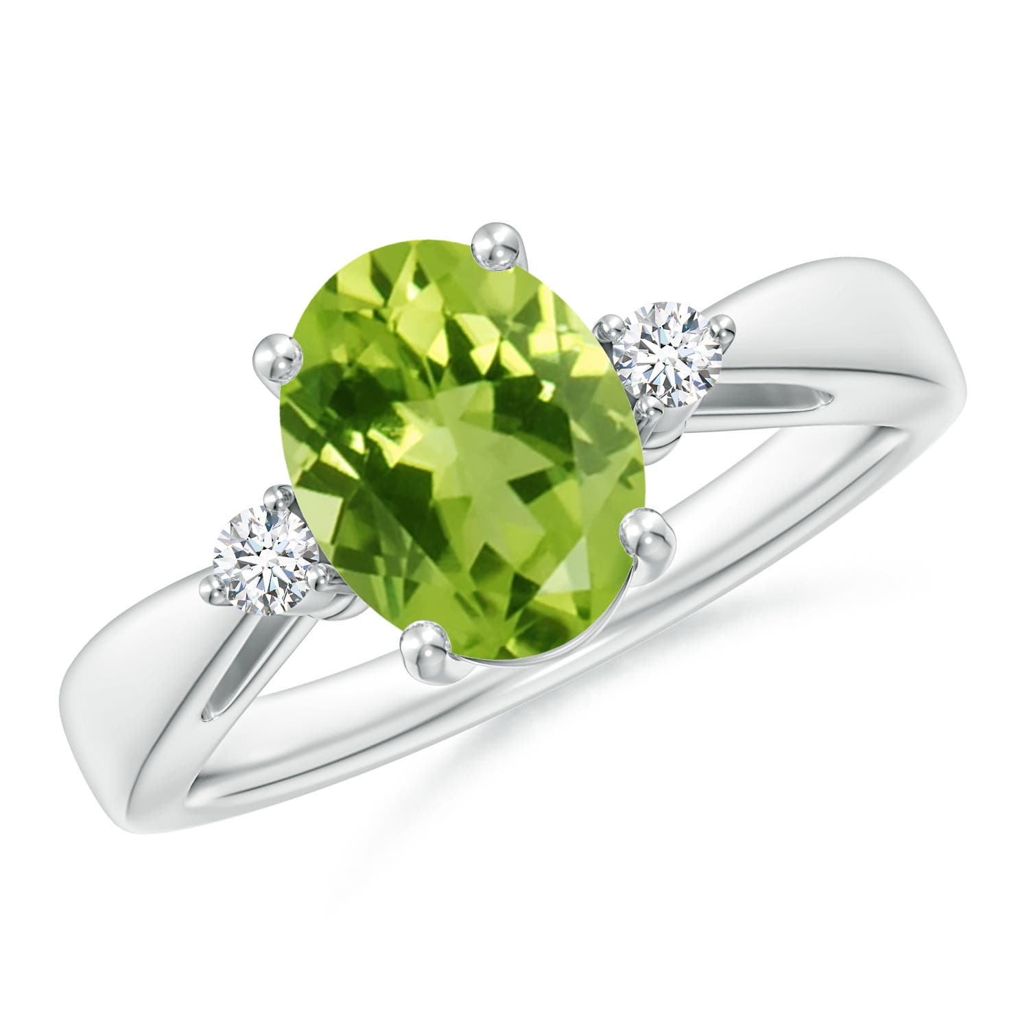 9x7mm AAA Tapered Shank Peridot Solitaire Ring with Diamond Accents in P950 Platinum