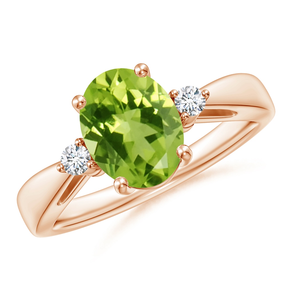 9x7mm AAA Tapered Shank Peridot Solitaire Ring with Diamond Accents in Rose Gold