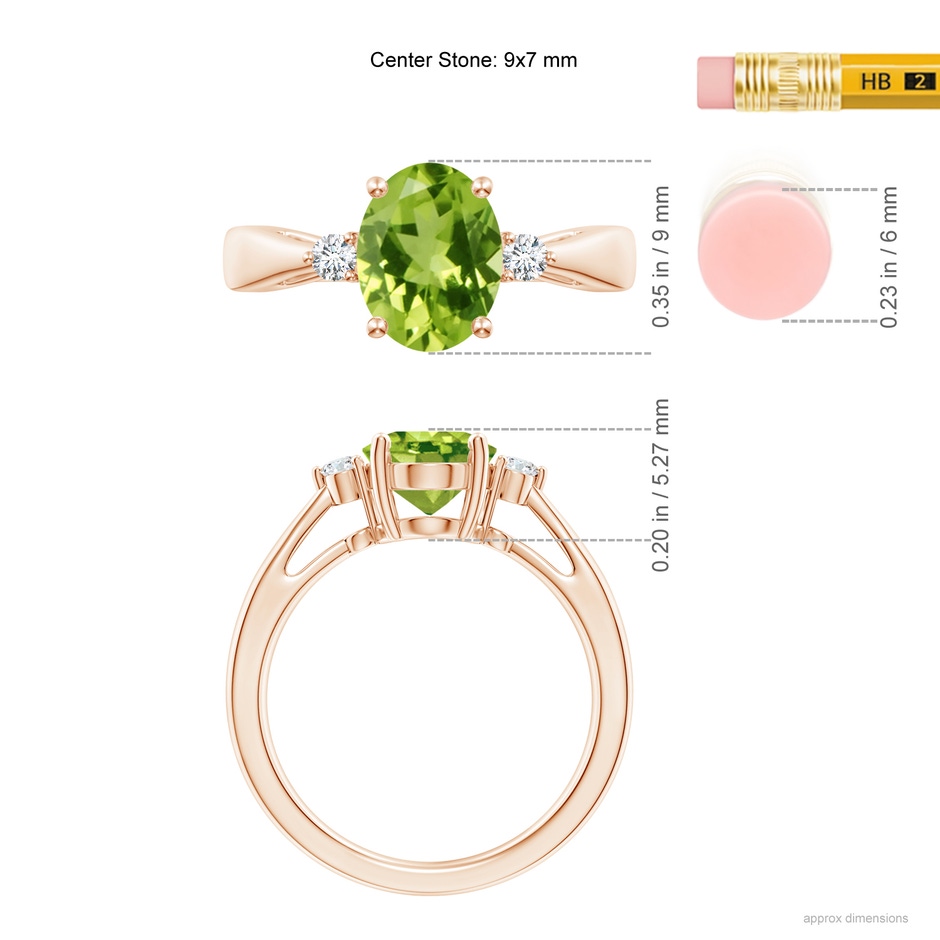9x7mm AAA Tapered Shank Peridot Solitaire Ring with Diamond Accents in Rose Gold ruler