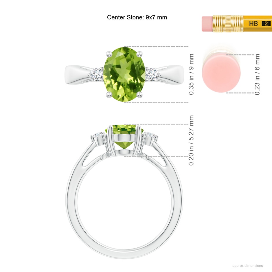 9x7mm AAA Tapered Shank Peridot Solitaire Ring with Diamond Accents in White Gold ruler