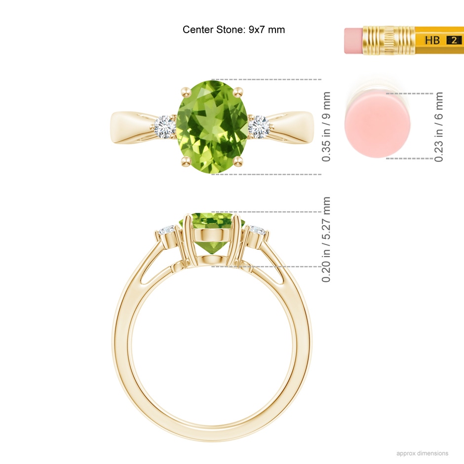 9x7mm AAA Tapered Shank Peridot Solitaire Ring with Diamond Accents in Yellow Gold ruler