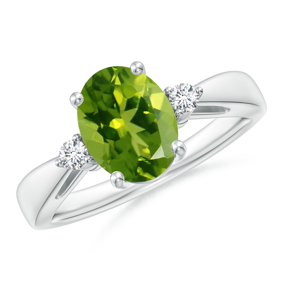 9x7mm AAAA Tapered Shank Peridot Solitaire Ring with Diamond Accents in White Gold 