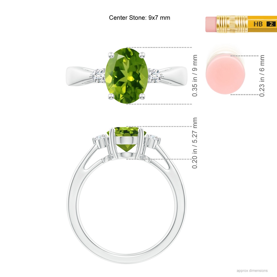 9x7mm AAAA Tapered Shank Peridot Solitaire Ring with Diamond Accents in White Gold ruler