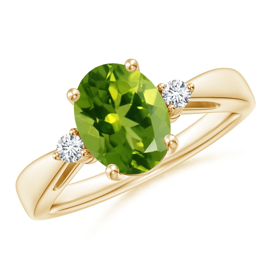 9x7mm AAAA Tapered Shank Peridot Solitaire Ring with Diamond Accents in Yellow Gold 