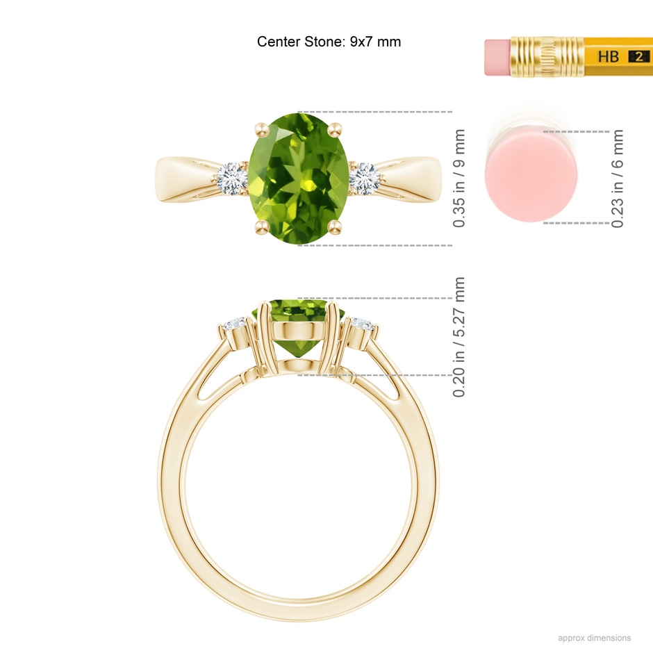 9x7mm AAAA Tapered Shank Peridot Solitaire Ring with Diamond Accents in Yellow Gold ruler