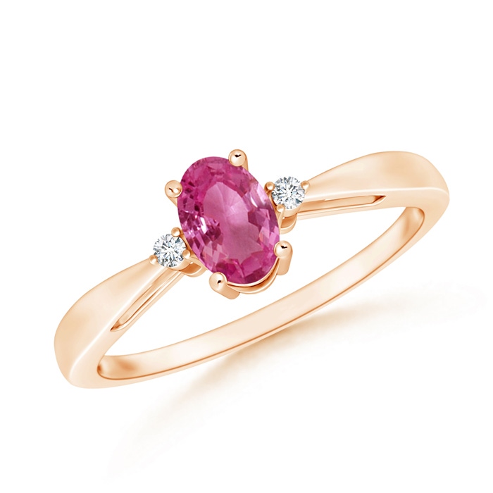 6x4mm AAAA Tapered Shank Pink Sapphire Solitaire Ring with Diamond Accents in Rose Gold 