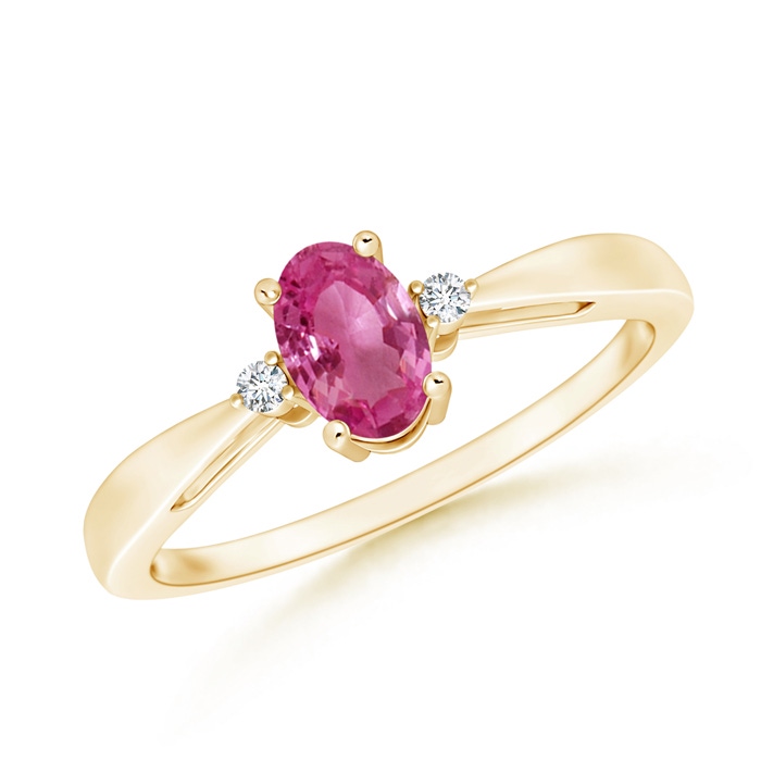 6x4mm AAAA Tapered Shank Pink Sapphire Solitaire Ring with Diamond Accents in Yellow Gold