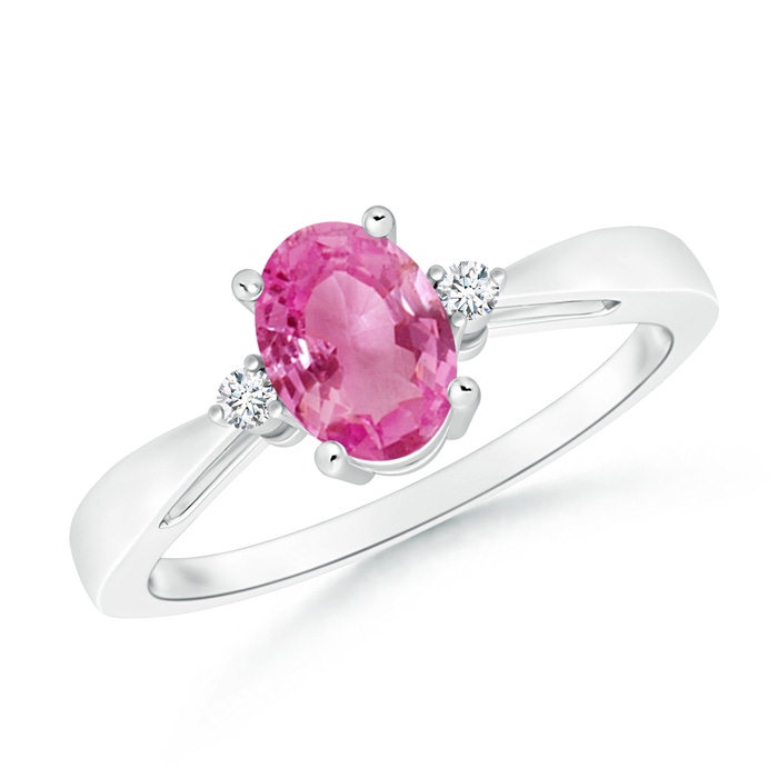 7x5mm AAA Tapered Shank Pink Sapphire Solitaire Ring with Diamond Accents in White Gold 