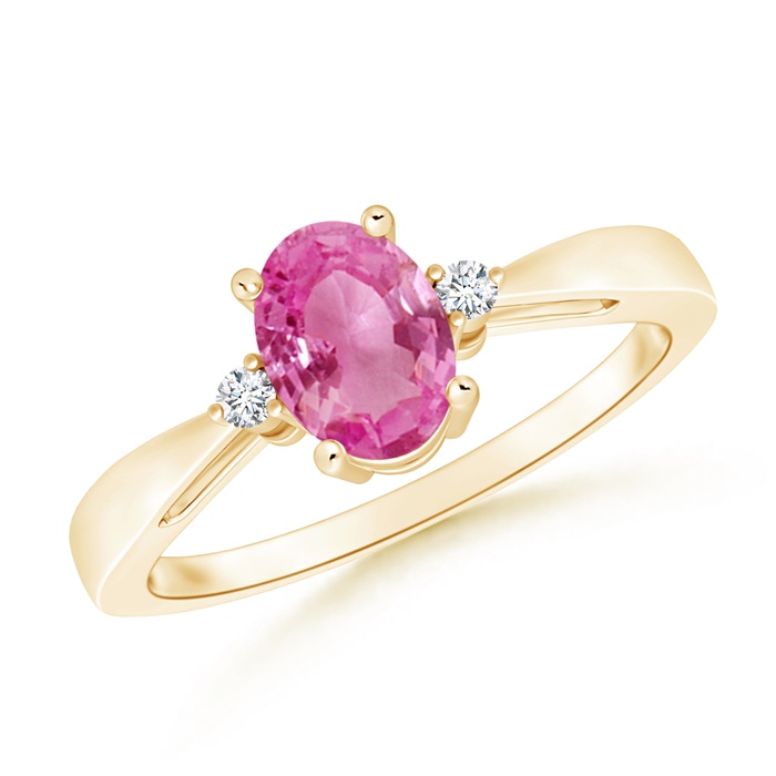 7x5mm AAA Tapered Shank Pink Sapphire Solitaire Ring with Diamond Accents in Yellow Gold 